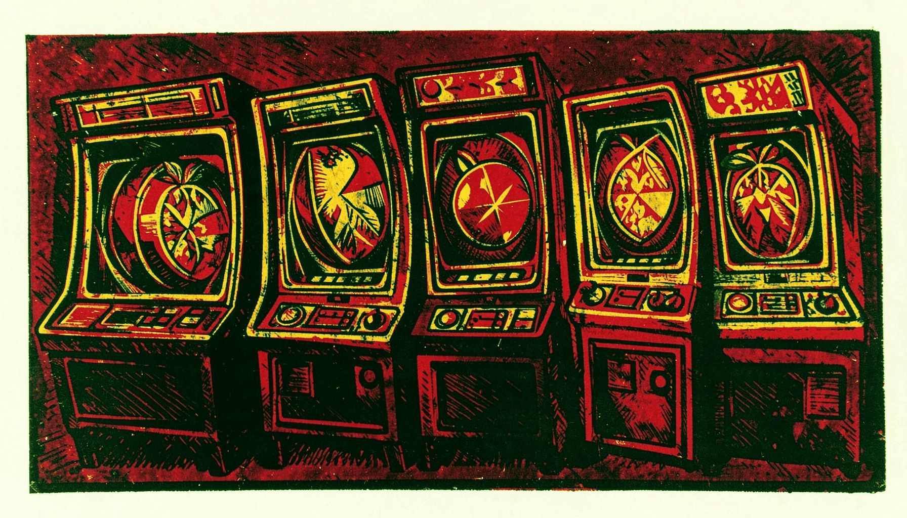 A carved linocut relief print of a row of slot machines with glowing reels, bold geometric fruit symbols, and dramatic shadows, in deep crimson, gold, and black