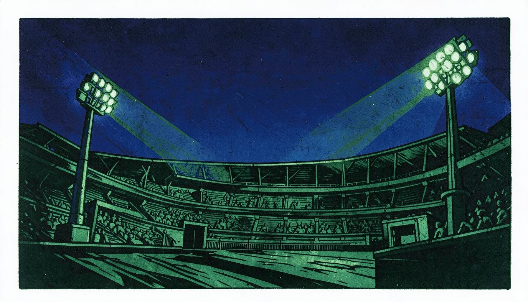 A carved linocut relief print of a stadium at dusk, floodlights cutting across a deep indigo sky, with layered green and charcoal tones conveying motion and anticipation.