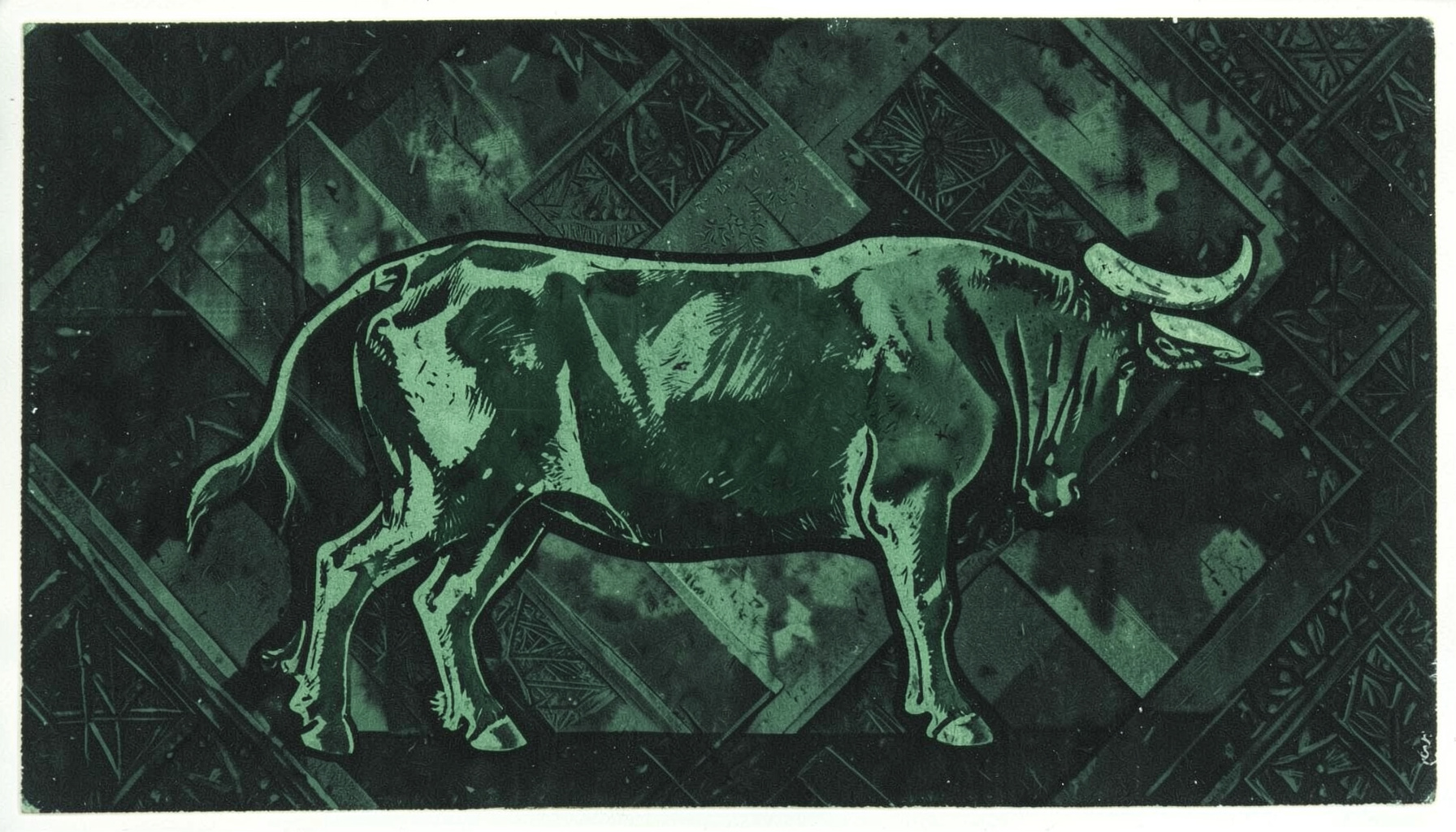 A carved linocut relief print of a stylized bull silhouette set against a dark atmospheric backdrop with subtle geometric patterns, deep charcoal and muted green tones